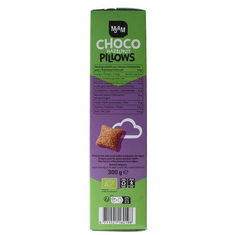 Mjam Choco pillows hazelnut bio breakfast cereal in a 300g package, featuring chocolate and hazelnut flavor in a colorful box