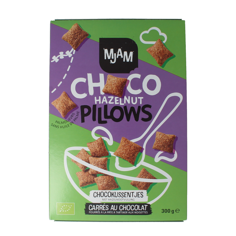 Mjam Choco pillows hazelnut organic breakfast cereal in a 300g package, featuring chocolate and hazelnut-flavored granola.