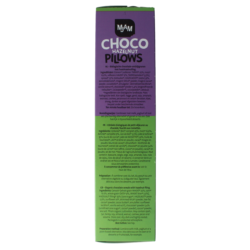 Mjam Choco pillows hazelnut bio breakfast cereal in 300g package, featuring chocolate-flavored pillows with hazelnuts.
