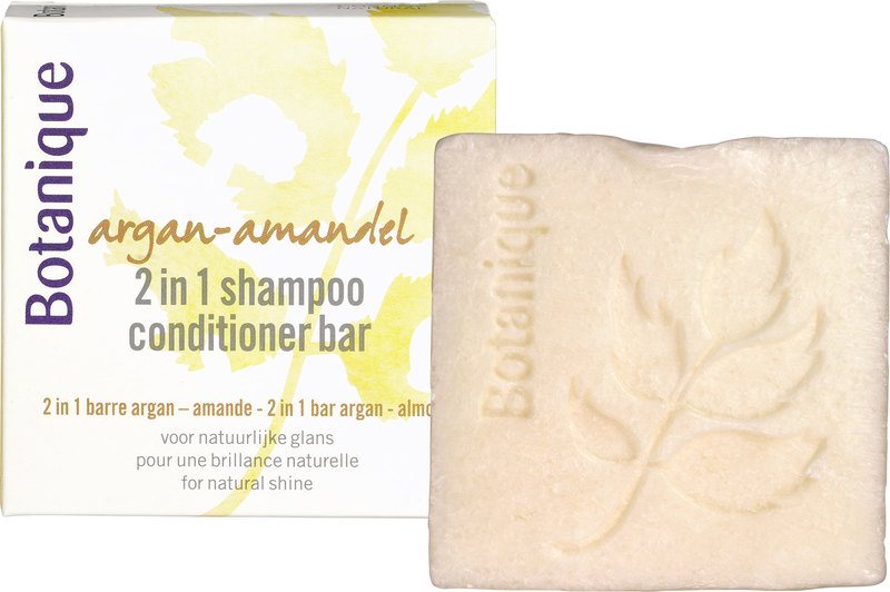 Botanique 2-in-1 shampoo conditioner bar with argan and almond for hair care, shown in the image.