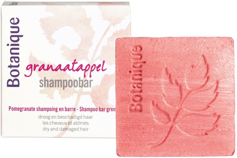Botanique Granaatappel Haarverzorging Shampoobar, 100g with natural ingredients and vibrant red pomegranate design.