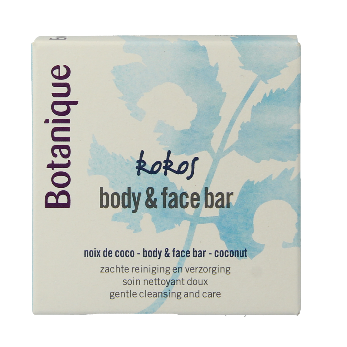 Botanique kokos body and face soap bar, 100g, natural skincare product with a coconut scent and creamy texture.