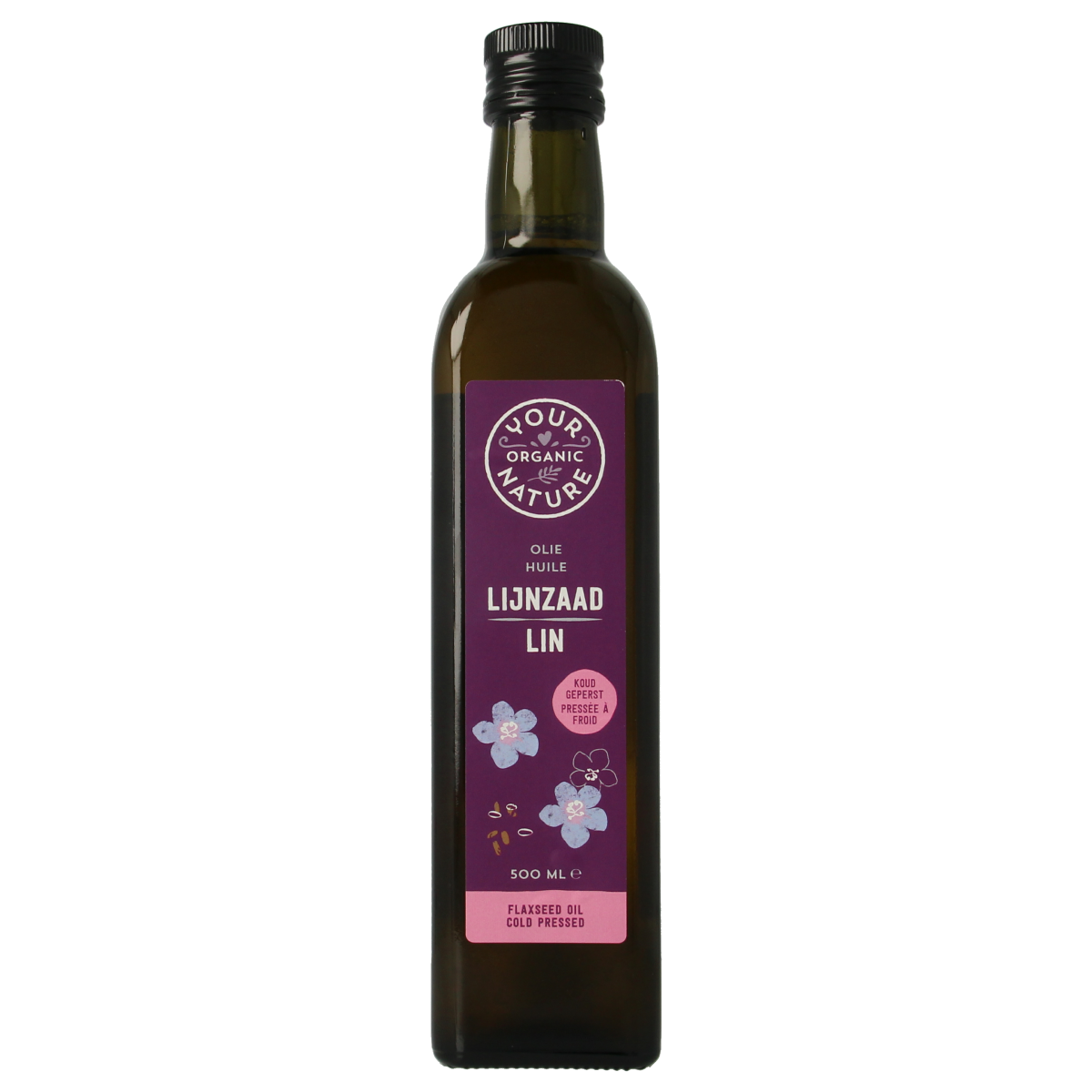 Organic Your Organic Nature flaxseed oil bottle, 500ml, in a clear glass bottle with a green label, showcasing natural health benefits.