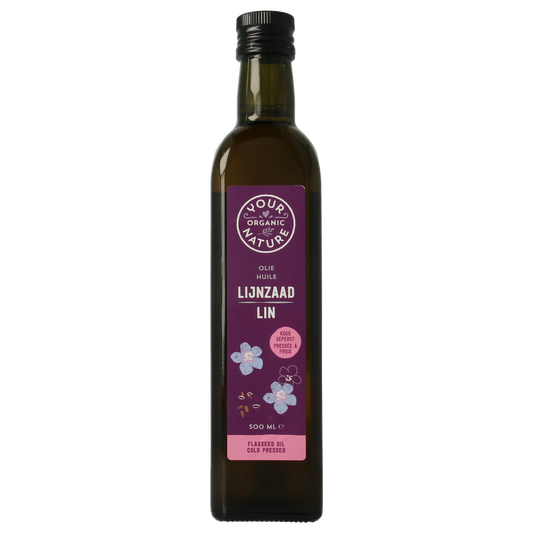 Organic Your Organic Nature flaxseed oil bottle, 500ml, in a clear glass bottle with a green label, showcasing natural health benefits.