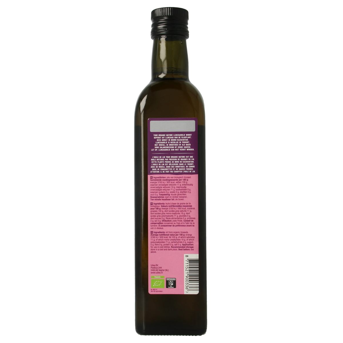 Organic flaxseed oil bottle from Your Organic Nature, 500ml, rich in healthy fatty acids, with a clear label and golden color liquid.