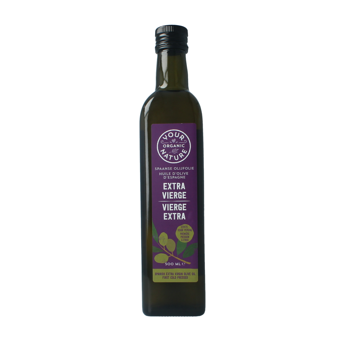 Organic Your Organic Nature extra virgin olive oil in 500ml bottle, showcasing the clear liquid and label detail.
