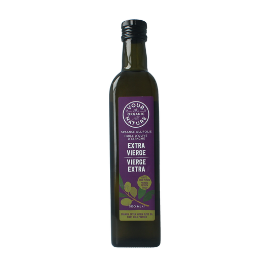 Organic Your Organic Nature extra virgin olive oil in 500ml bottle, showcasing the clear liquid and label detail.