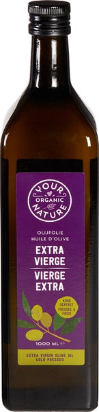 Organic Your Organic Nature extra virgin olive oil in a 1000ml bottle, showcasing a dark glass container with a gold cap.