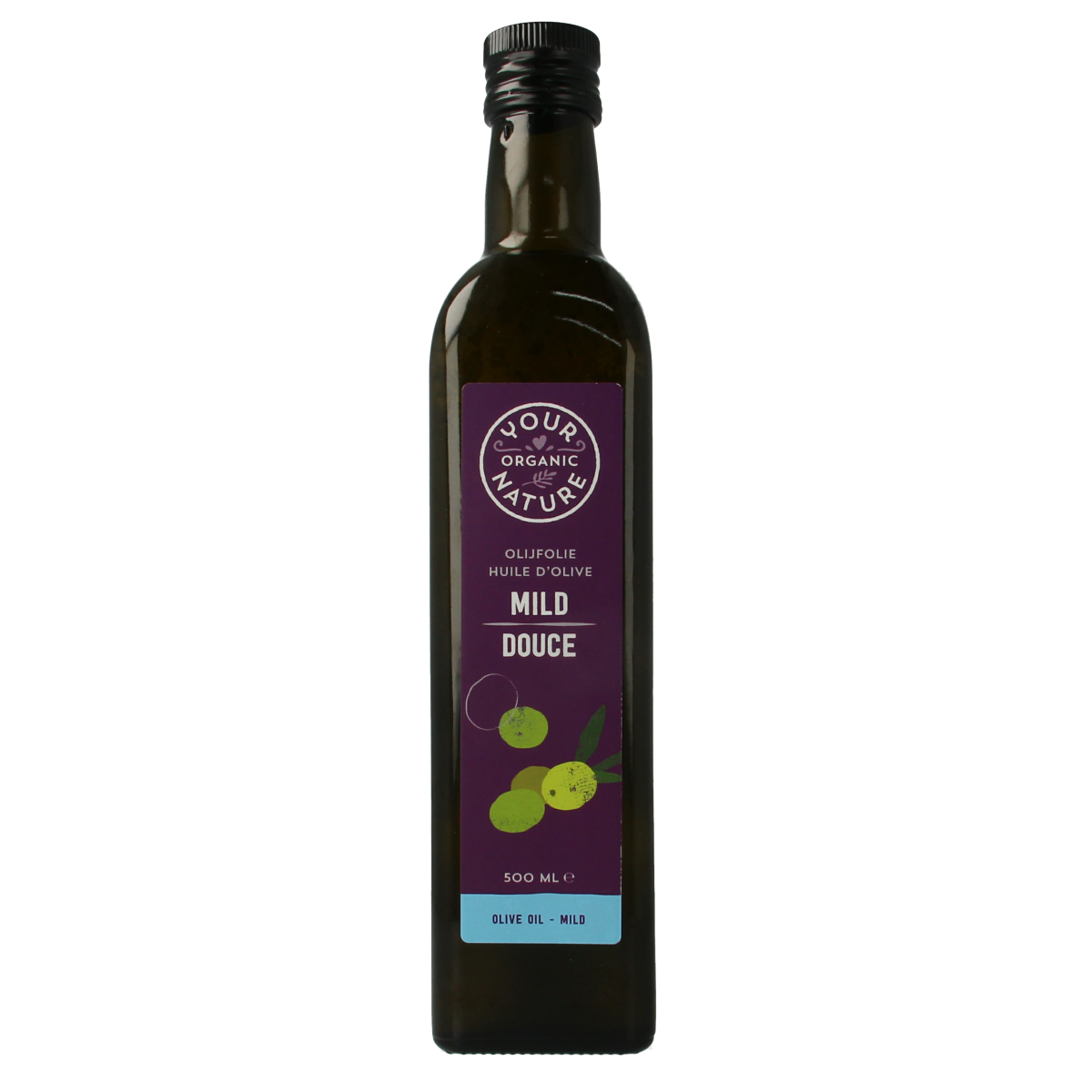 Bottle of Your Organic Nature mild organic olive oil, 500ml, in a clear glass container with a green label.