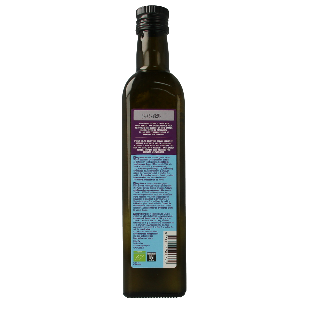 Organic Your Organic Nature olive oil in a 500ml bottle, mild bio, suitable for cooking and salads.