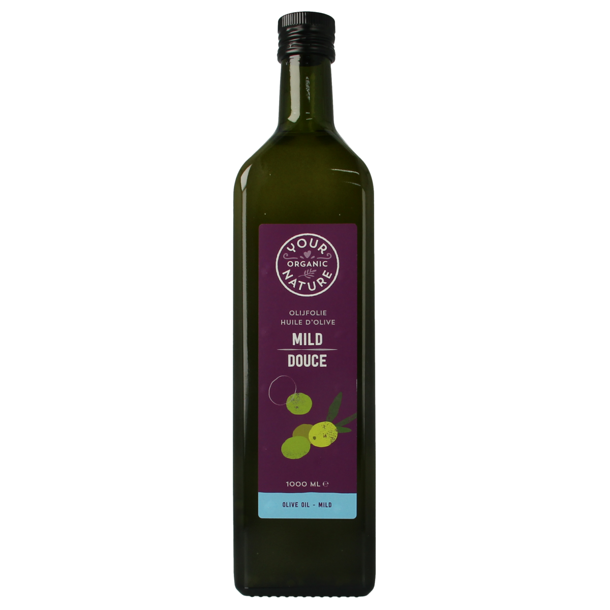 Organic Your Organic Nature mild olive oil in a 1000 ml bottle, showcasing the transparent container and olive oil inside.
