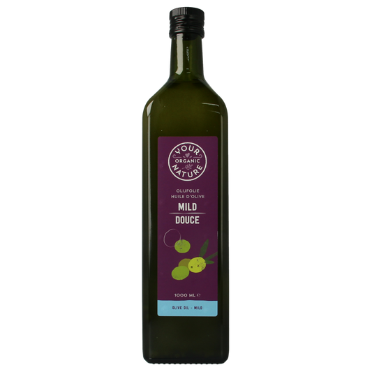 Organic Your Organic Nature mild olive oil in a 1000 ml bottle, showcasing the transparent container and olive oil inside.