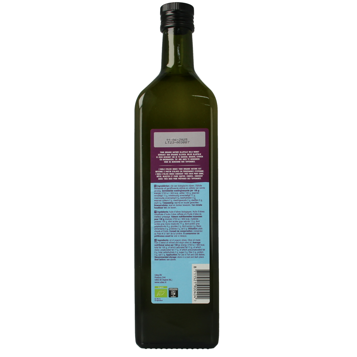Organic Your Organic Nature mild olive oil in a 1000ml bottle, showcasing the clear, golden liquid in a glass container.
