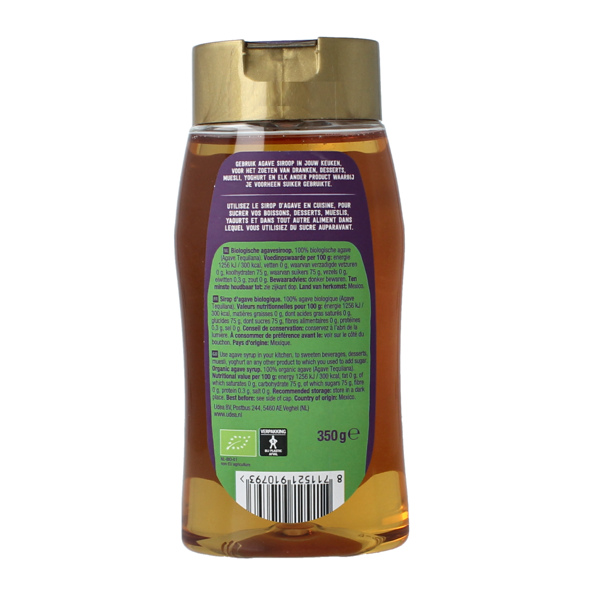Amber bio agave syrup in a 350g jar from Your Organic Nature, showcasing the natural sweetener with a clear label.