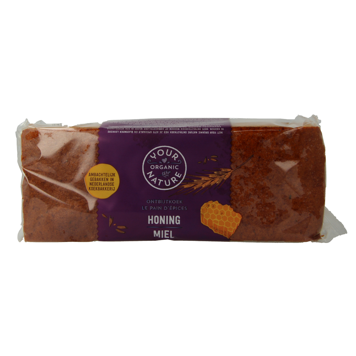 Organic Your Organic Nature Ontbijtkoek with honey and rye, 400g, featuring a close-up of the spiced breakfast cake with honey drizzle.