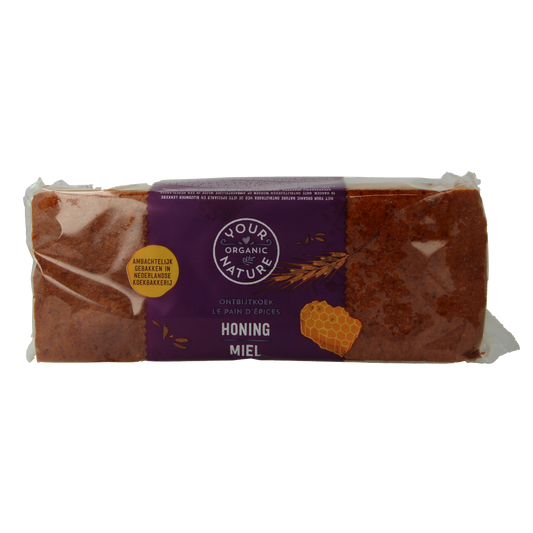 Organic Your Organic Nature Ontbijtkoek with honey and rye, 400g, featuring a close-up of the spiced breakfast cake with honey drizzle.