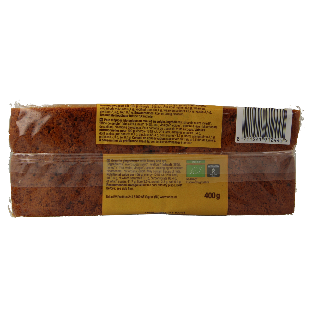 Organic Nature Ontbijtkoek with honey and rye, 400g, showing a sliced honey-flavored whole grain cake on a plate.