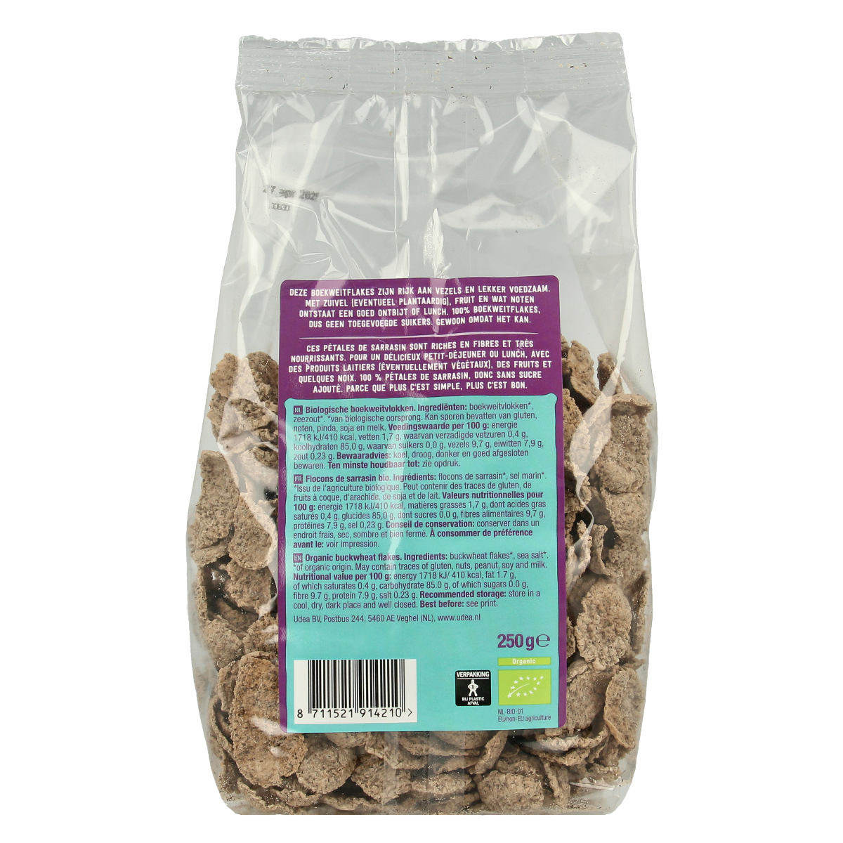 Organic Your Organic Nature Boekweit flakes in a 250g package, a healthy gluten-free breakfast cereal with a natural appearance.