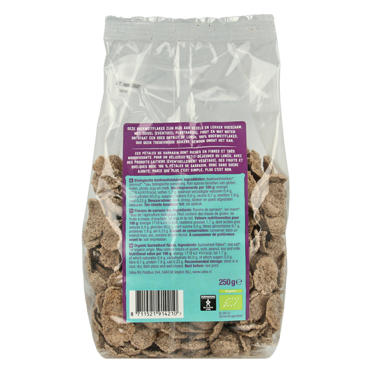 Organic Your Organic Nature Boekweit flakes in a 250g package, a healthy gluten-free breakfast cereal with a natural appearance.