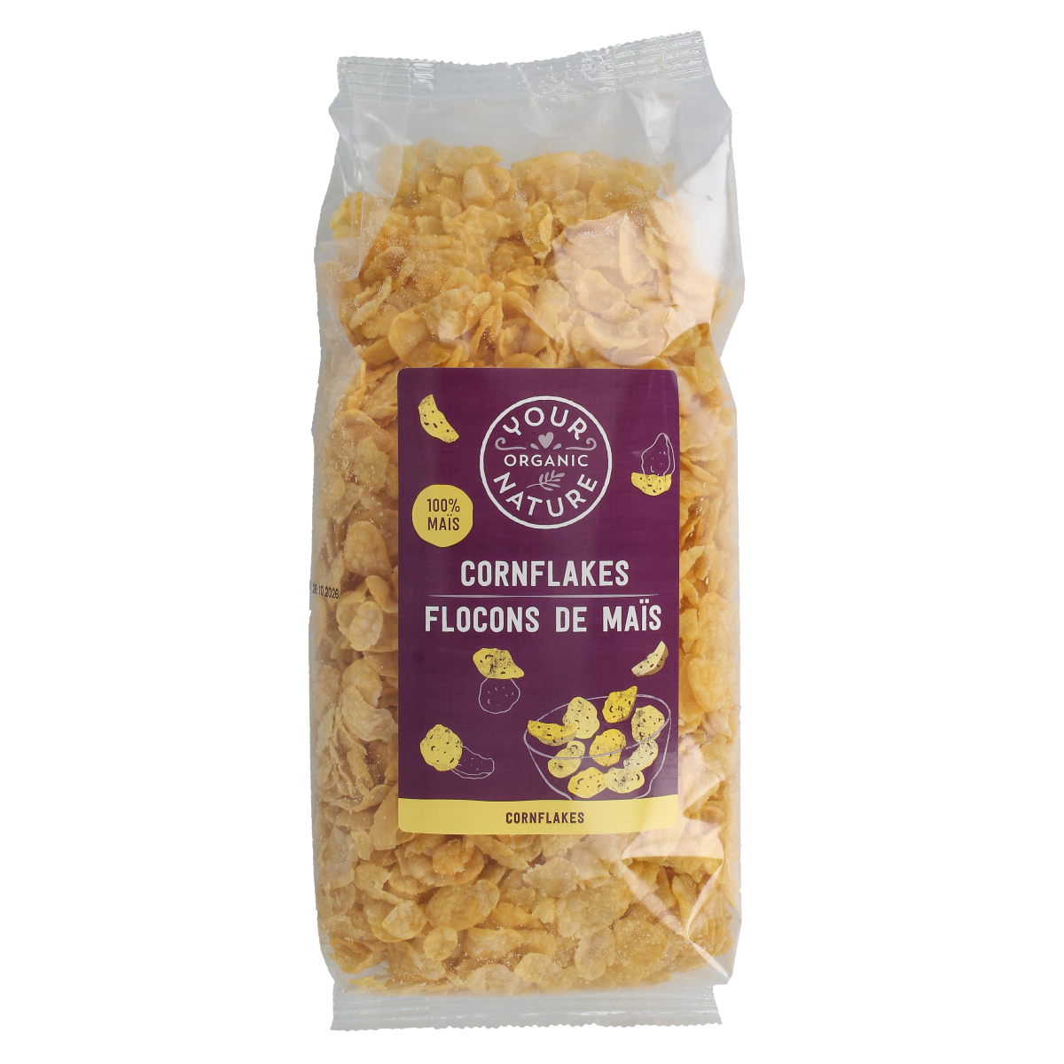 Organic Your Organic Nature Cornflakes breakfast cereal in a 250g package, featuring golden cornflakes in a natural setting.