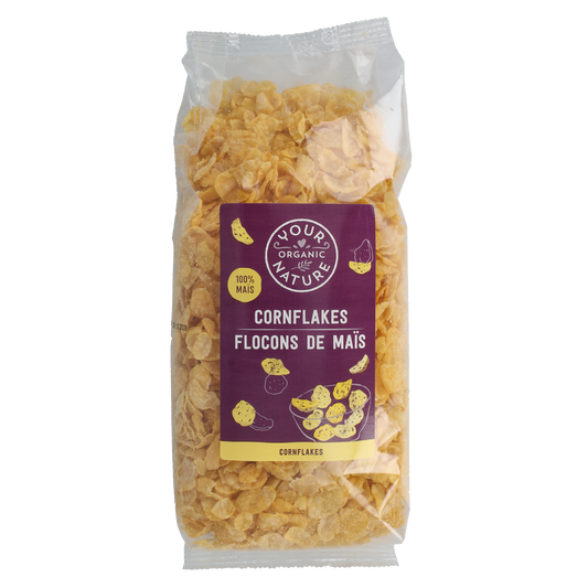 Organic Your Organic Nature Cornflakes breakfast cereal in a 250g package, featuring golden cornflakes in a natural setting.