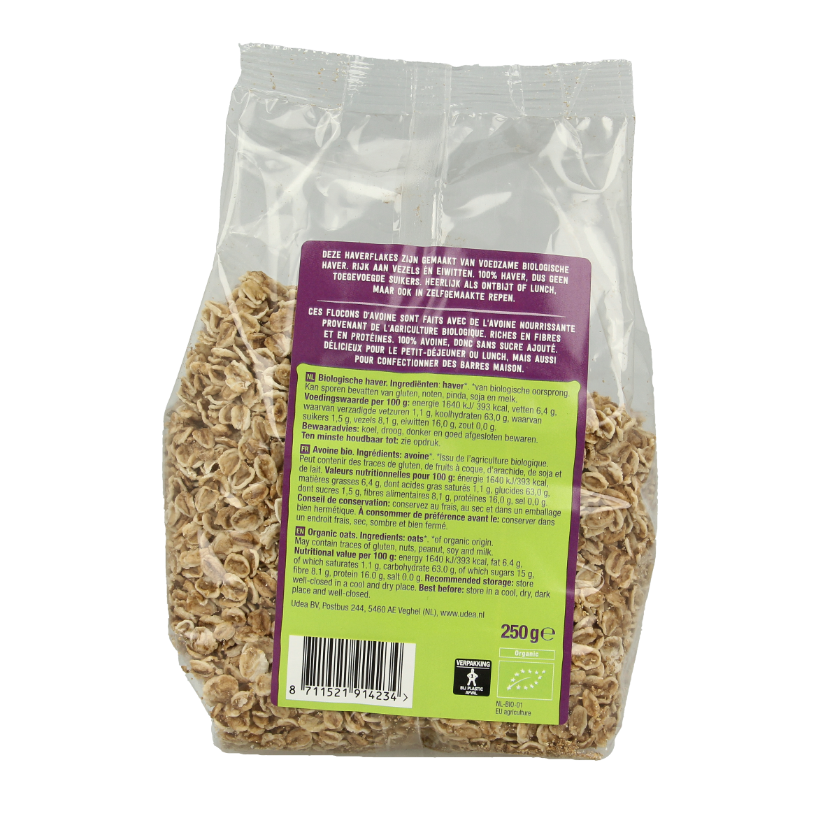 Organic Your Organic Nature Haverflakes breakfast cereal in a 250g package, with crunchy oat flakes and natural ingredients.