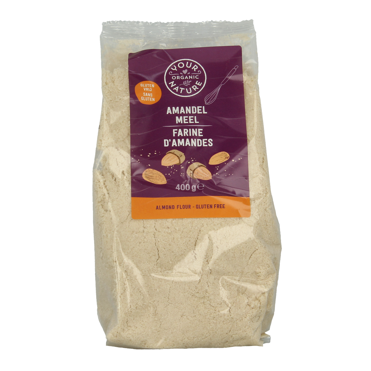 Organic almond flour from Your Organic Nature, 400g, in a resealable bag, suitable for baking and gluten-free recipes.