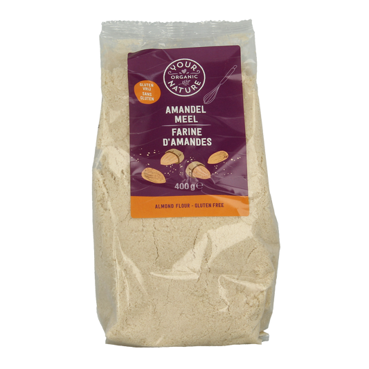 Organic almond flour from Your Organic Nature, 400g, in a resealable bag, suitable for baking and gluten-free recipes.