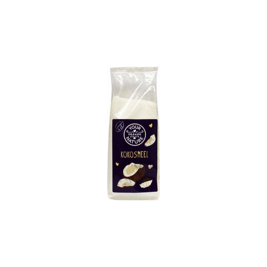 Organic Nature Kokosmeel bio, 400g, in a resealable package, showcasing shredded coconut for baking and cooking.