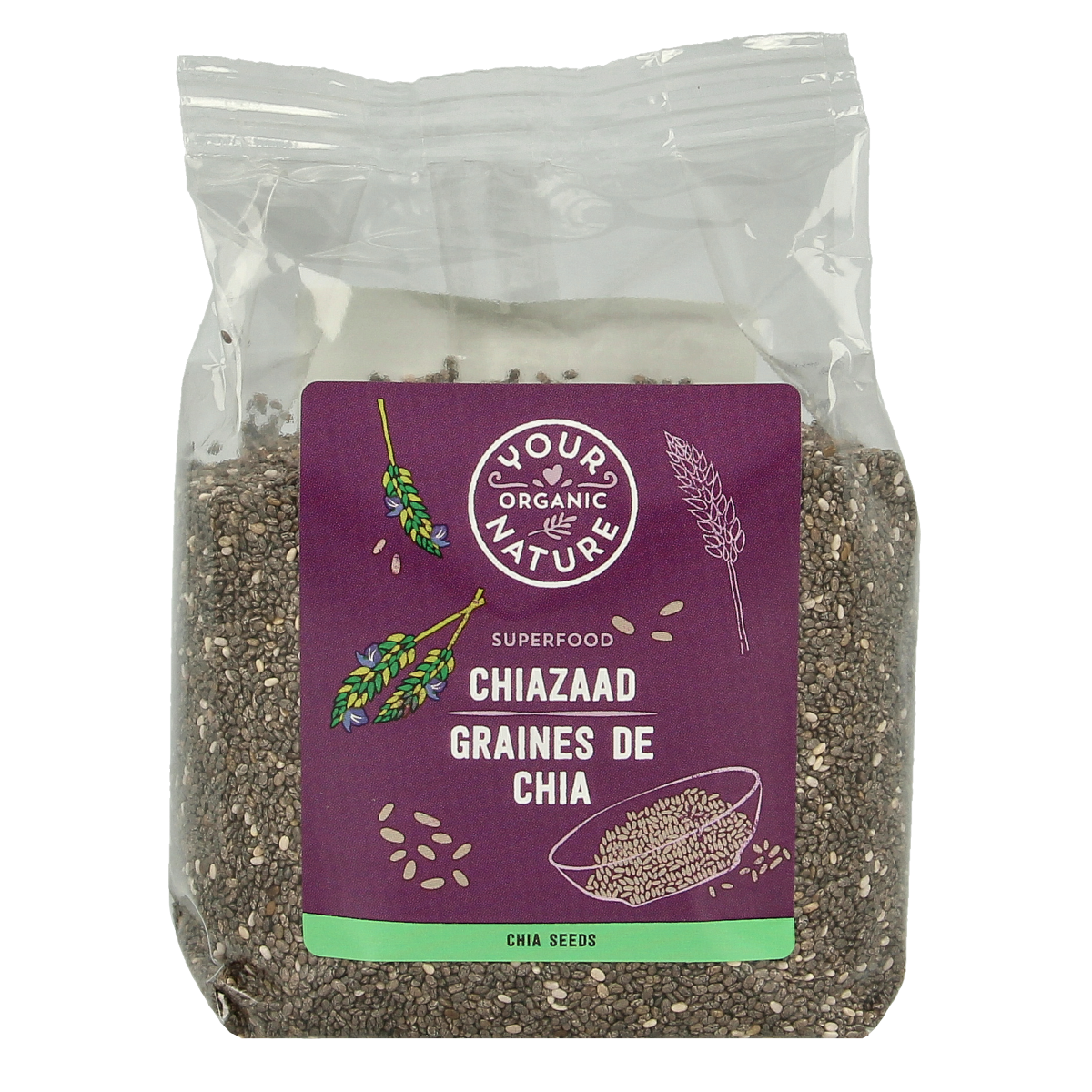 Raw organic chia seeds in a 250g package from Your Organic Nature, superfood food product with chiazaad bio label.