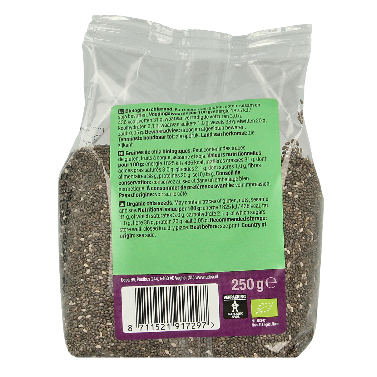 Raw organic chia seeds in a 250g package from Your Organic Nature, superfood for healthy nutrition and plant-based diets.