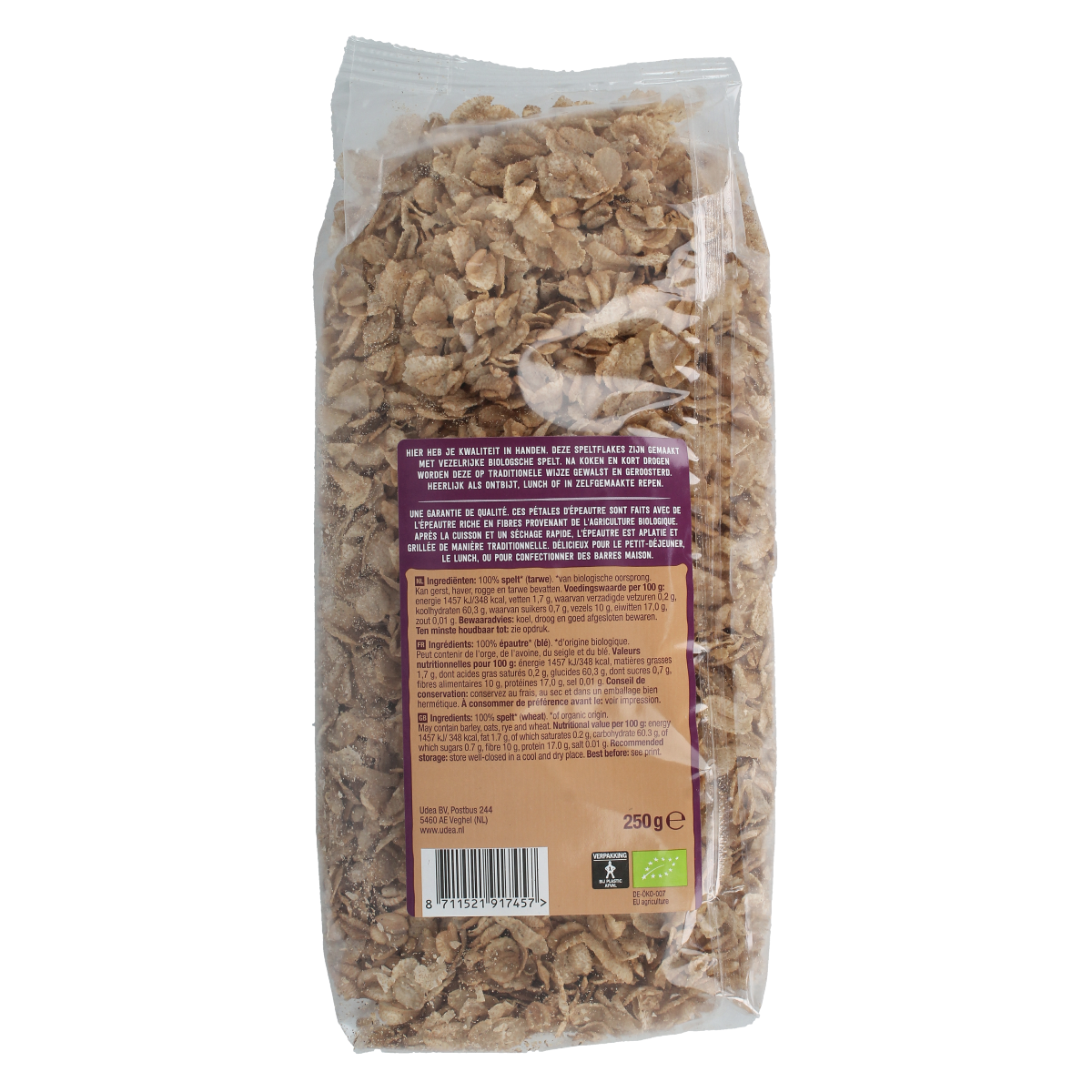 Organic Your Organic Nature Speltflakes breakfast cereal in a 250g package, showing the textured spelt flakes.