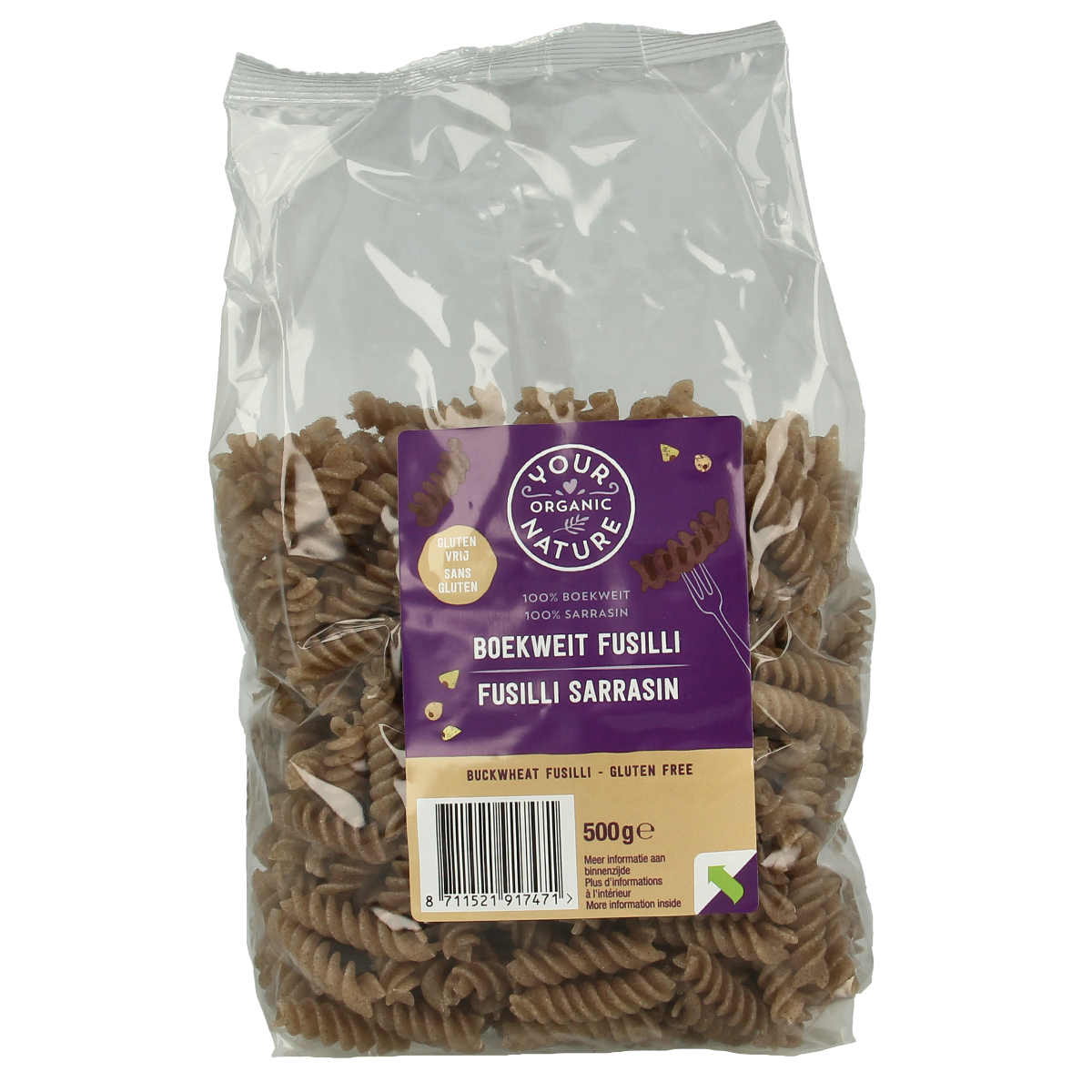 Gluten-free organic buckwheat pasta from Your Organic Nature in a 500g package, ready for cooking.