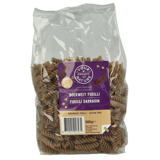 Gluten-free organic buckwheat pasta from Your Organic Nature in a 500g package, ready for cooking.