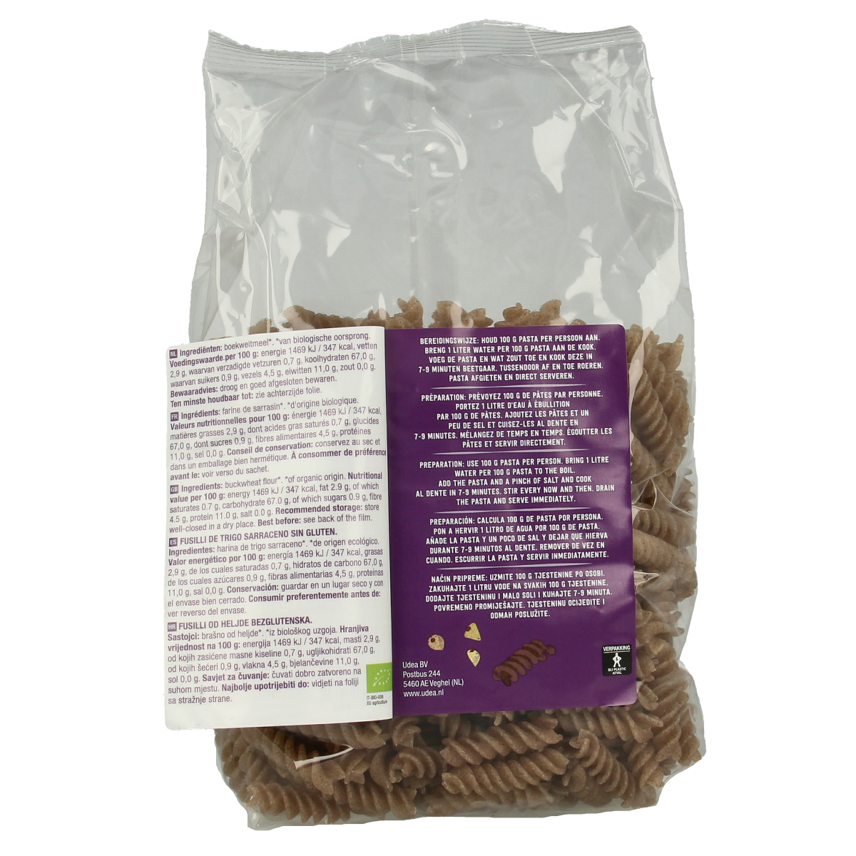 Gluten-free organic buckwheat pasta from Your Organic Nature in a 500g package, ready for cooking.