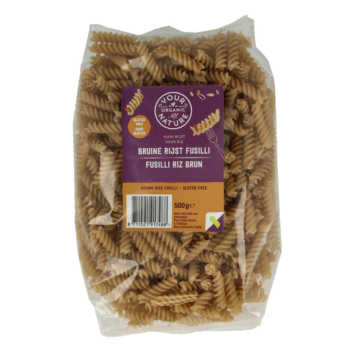 Organic brown rice pasta from Your Organic Nature, gluten-free, 500g package, showing uncooked pasta strands on a white background.