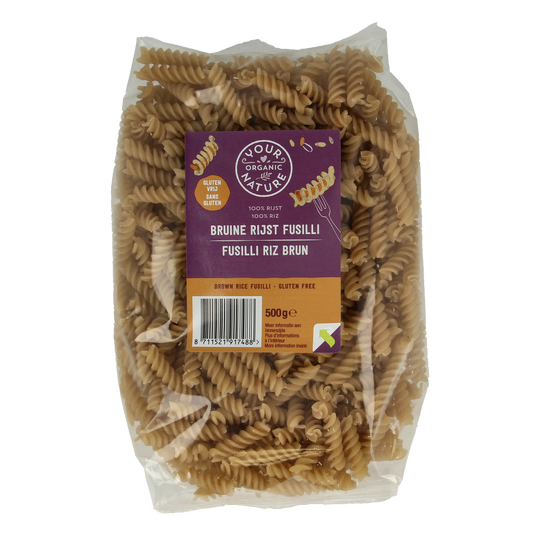 Organic brown rice pasta from Your Organic Nature, gluten-free, 500g package, showing uncooked pasta strands on a white background.
