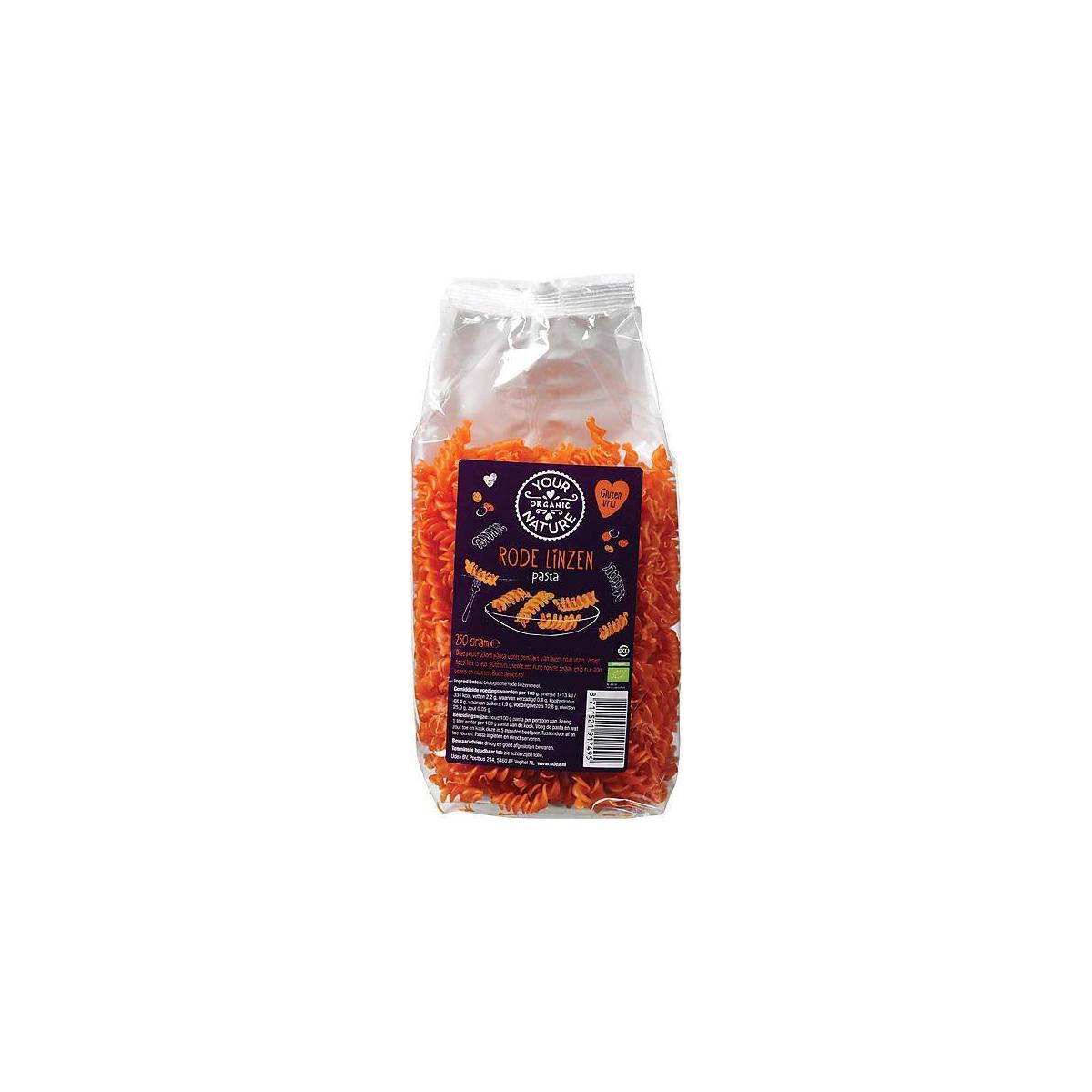 Organic Your Organic Nature Rode linzen pasta gluten-free 250g package, showing the gluten-free lentil pasta product.