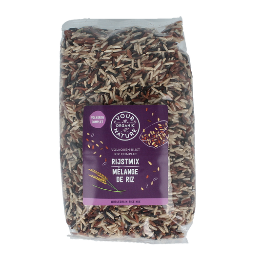 Organic Your Organic Nature Volkorenrijst mix in a 500g package, featuring whole grain rice blend for healthy cooking.
