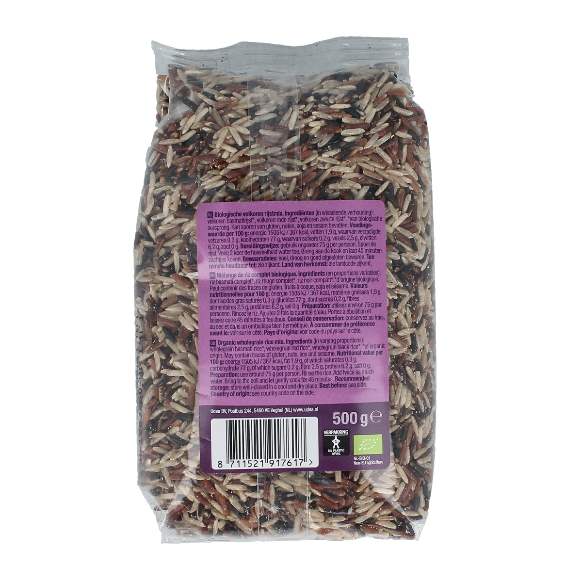 Organic Your Organic Nature Volkorenrijst mix in 500g package, showcasing whole grain rice and pasta blend in a natural setting.
