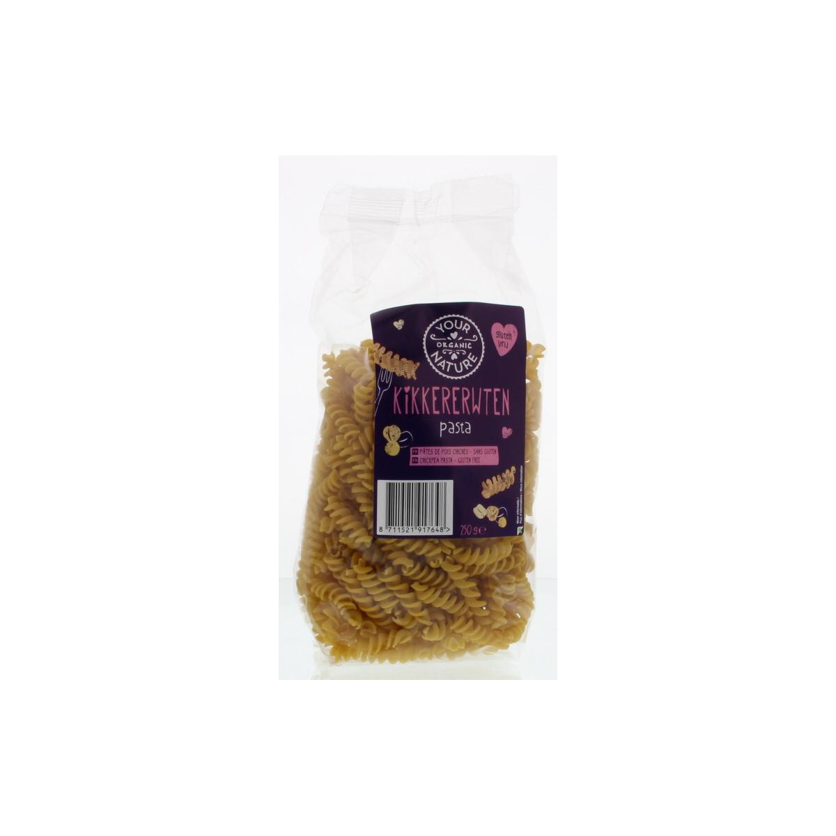 Organic Your Organic Nature gluten-free chickpea fusilli pasta in 250g package, natural gluten-free pasta and rice product.
