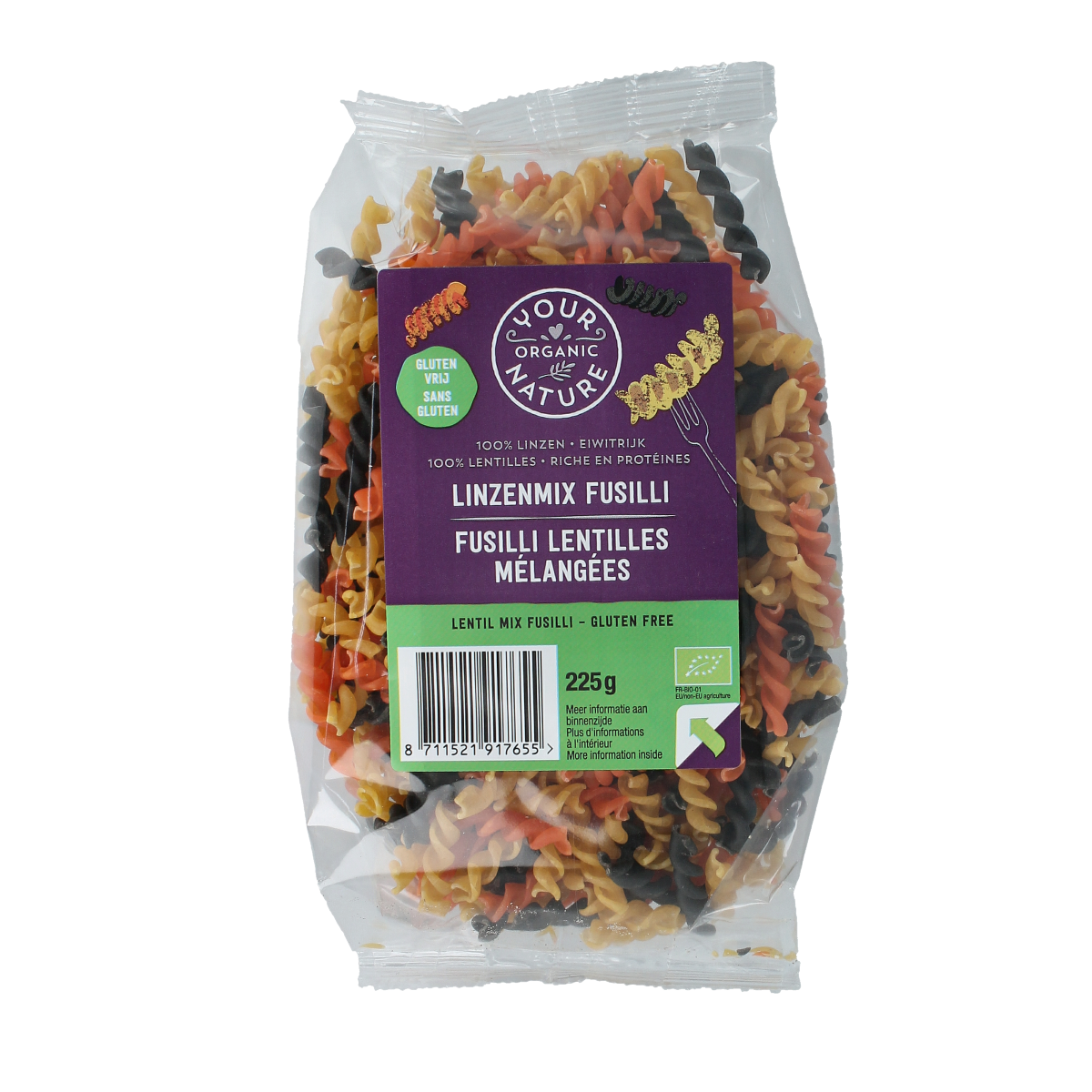Organic Your Organic Nature Lentil Mix Pasta in rice shape, 225g, with colorful lentil pieces visible in the organic pasta.