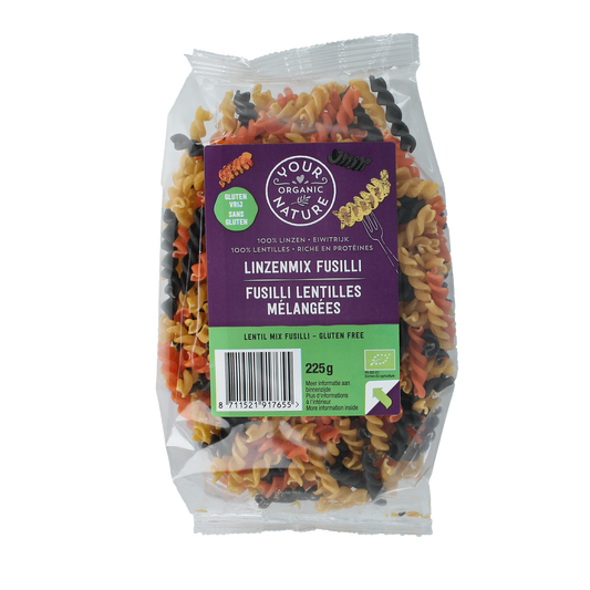 Organic Your Organic Nature Lentil Mix Pasta in rice shape, 225g, with colorful lentil pieces visible in the organic pasta.