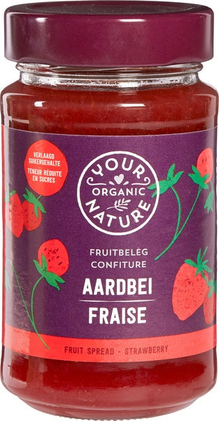 Your Organic Nature strawberry organic fruit spread on bread, 250g jar, natural and flavorful for breakfast or snacks.
