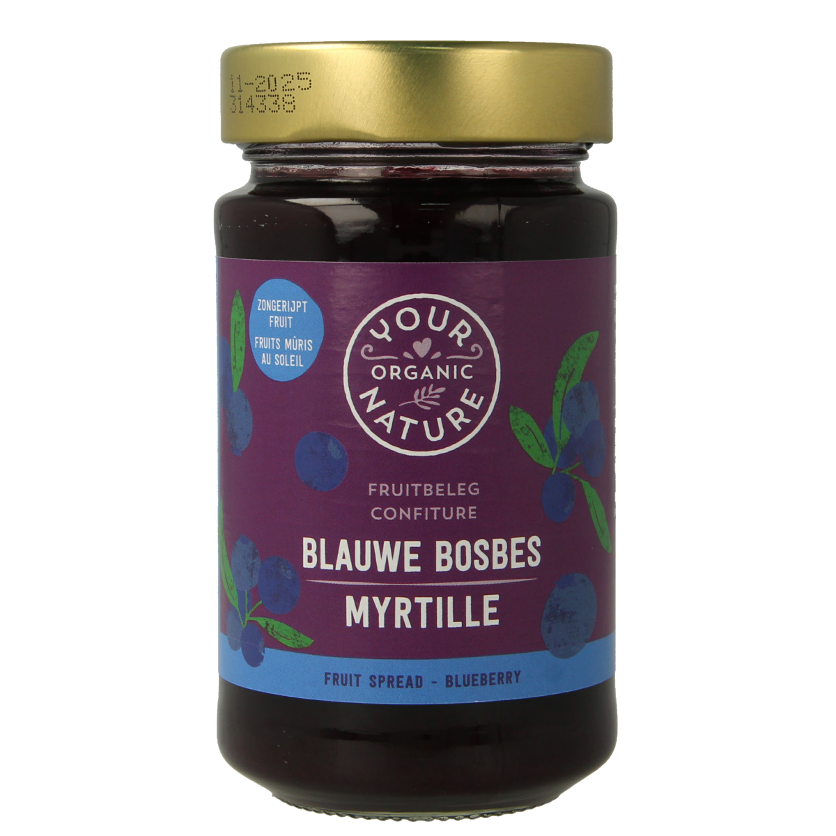 Organic blueberry jam spread by Your Organic Nature on bread, showing fresh blueberries and jam texture in a jar.