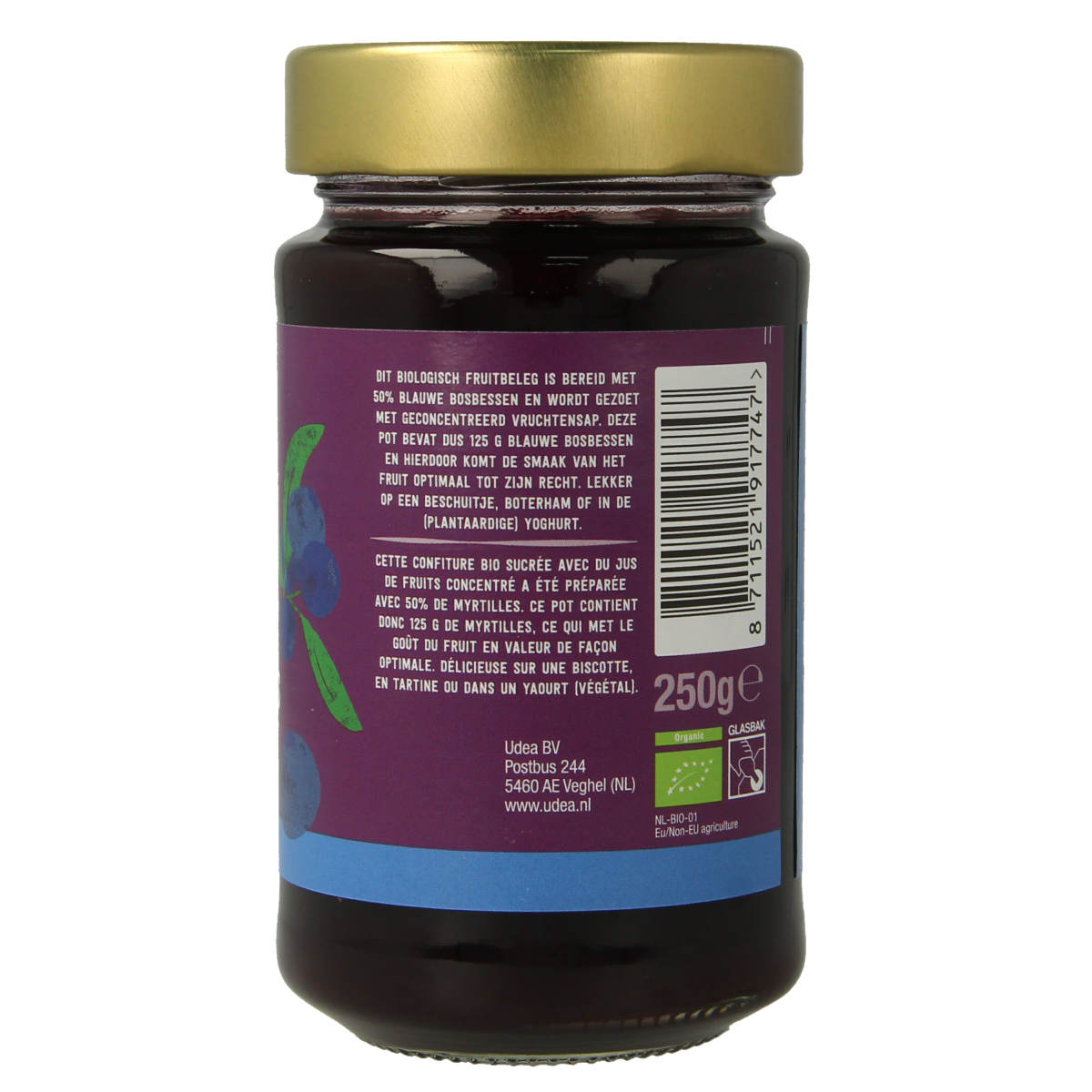 Organic blueberry fruit spread by Your Organic Nature in a 250g jar, shown spread on bread with fresh blueberries.