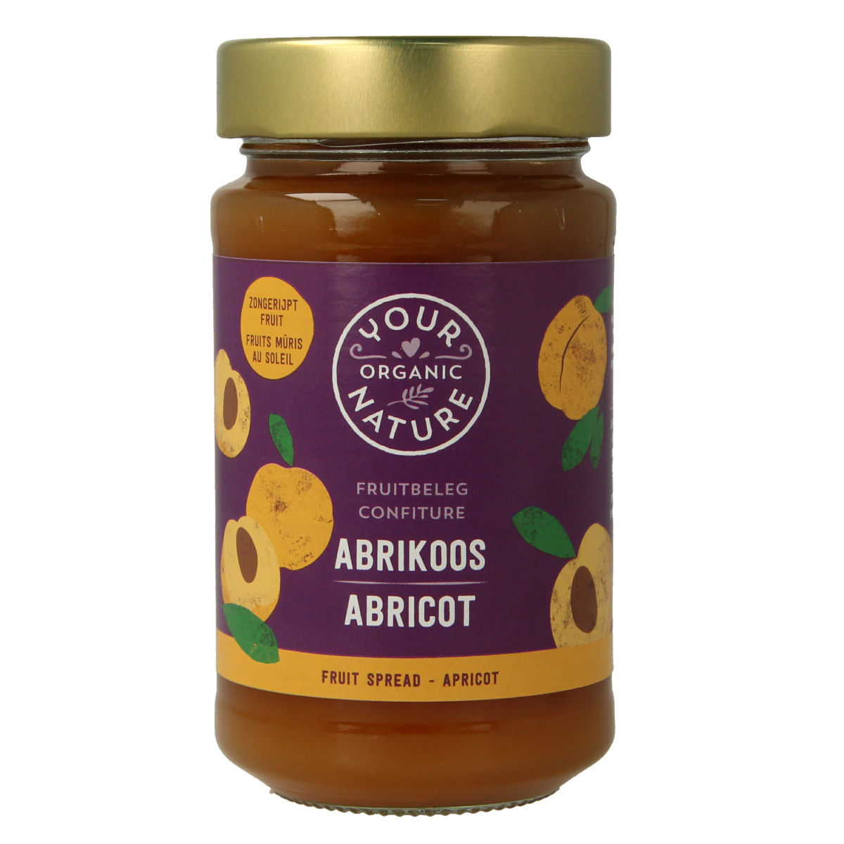 Organic apricot fruit spread from Your Organic Nature on bread, showcasing a jar of natural, bio broodbeleg.