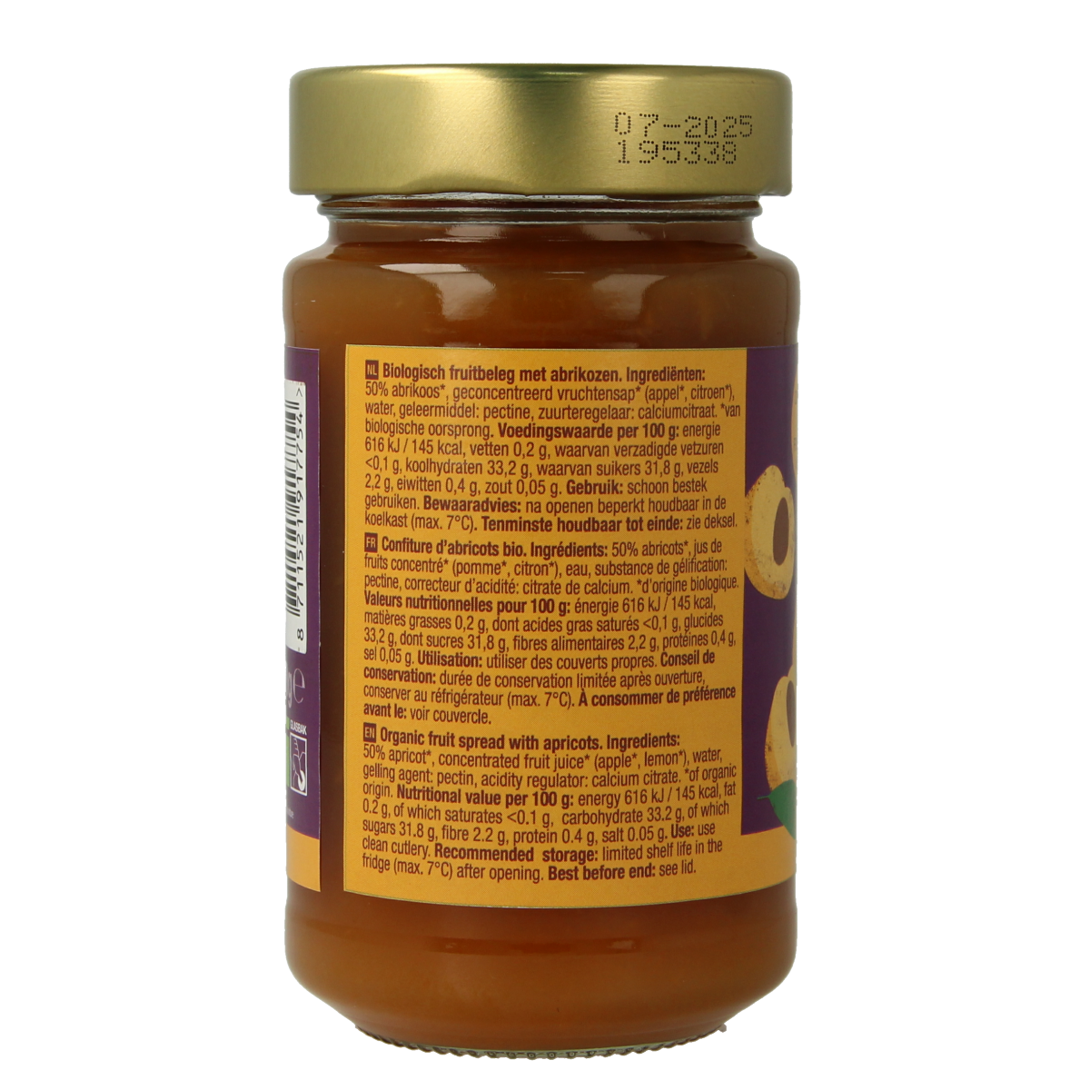 Organic apricot fruit spread from Your Organic Nature on bread, showcasing a jar of natural, bio apricot fruit beleg.
