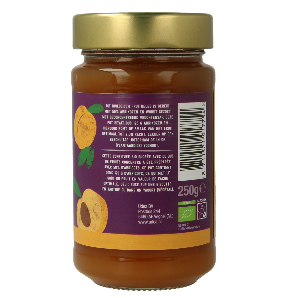 Organic apricot fruit spread from Your Organic Nature on bread, 250g jar, natural and flavorful for breakfast or snacks.