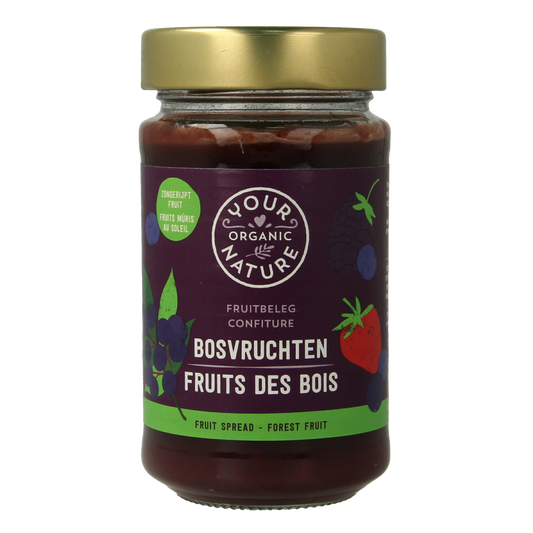 Organic fruit spread by Your Organic Nature on bread, featuring a glossy, fruit-filled topping in a 250g jar.